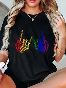 100% Cotton Unisex Skeleton Rock Hand LGBT-Q Cool Rainbow Flag Gay Pride Ally T-Shirt