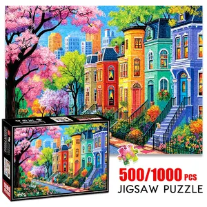 1pc 1000 piece adult puzzle 70x50cm Colorful Row - houses with Blooming Trees and Flowers 500 pieces of paper jigsaw puzzle, suitable for adults and families, large-scale DIY puzzle interactive to