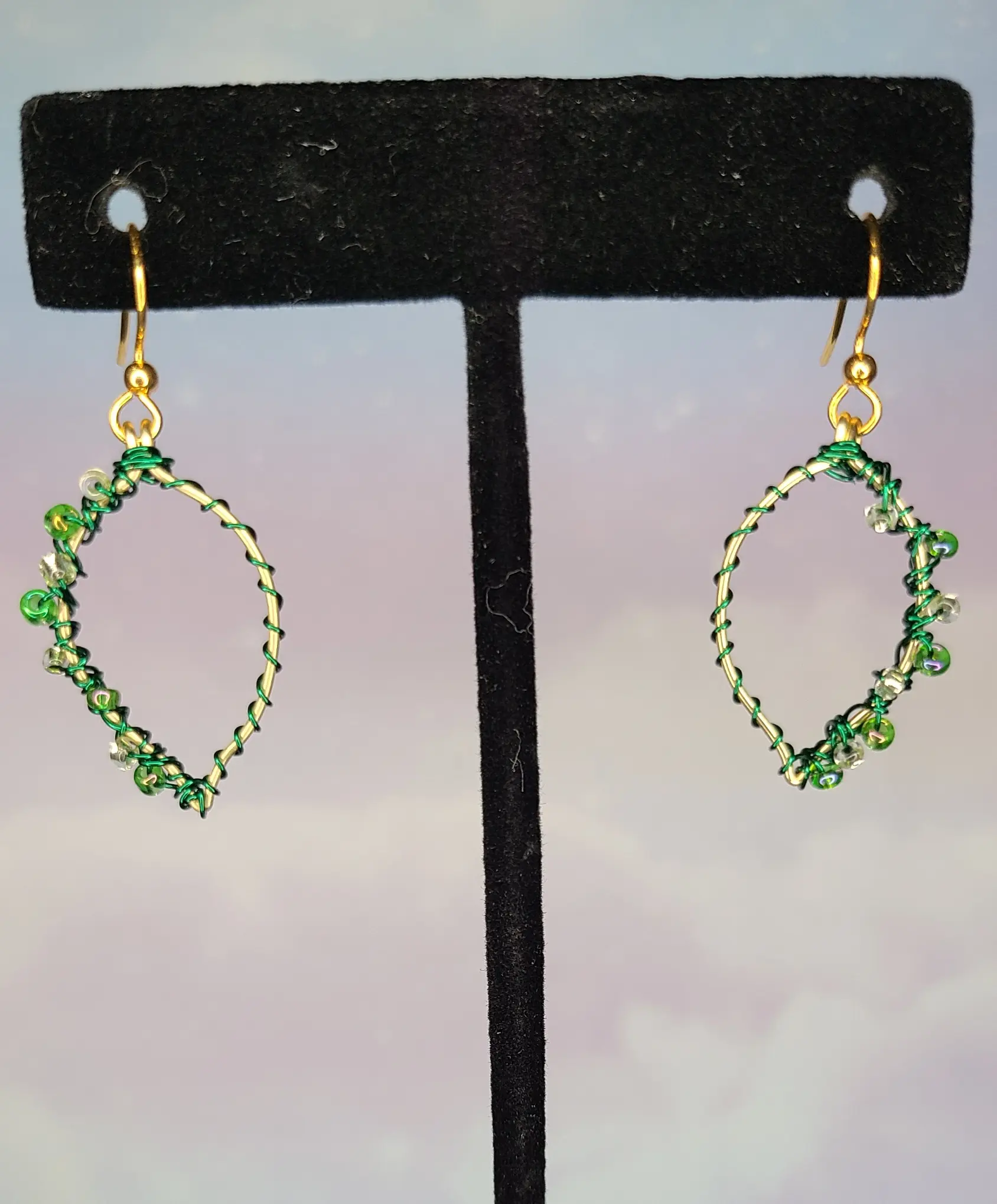 Handmade Gold Wire-Wrapped Leaf Earrings – Boho Style with Seed Beads