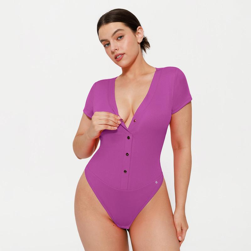 Popilush Shapewear Deep V-Neck Button Front Sculpting Bodysuit Adjustable Bra Elegant Elastic