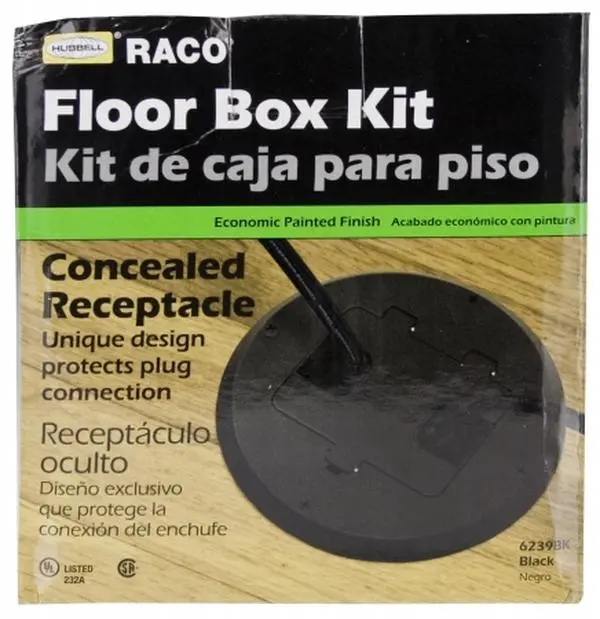 Hubbel Electric Raco Black Brass Concealed Receptacle Floor Box Kit 6239BK (5.85 x 5.85 x 5.5 inches, 15a/125v) - Concealment Guard for Indoor Any Room Use, 15a/125v, Quick Installation, Easy and Convenient Placement, Protects Plug Connection