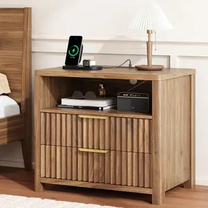 Fluted Nightstands, Wooden Night Stand with Charging Station , Modern Mid Century Bed Side End Table with Drawer, for Bedroom, Natural Oak
