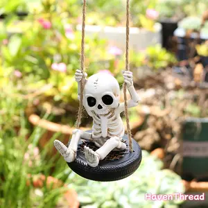 Spooky Skeleton Stone Sculpture - Swinging Tire Ghost Resin Statue Pendant, Hanging Ornaments for Halloween, Holiday Party Decorations (Sports & Outdoor Fan Shop Gaming Accent)