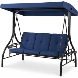 Adjustable Canopy 3-Person Patio Swing Chair - Convertible Bed - Soft Cushions, Built-in Cup Holders, All-Weather Steel Frame - Comfortable Outdoor Garden Swing for Backyard - Red