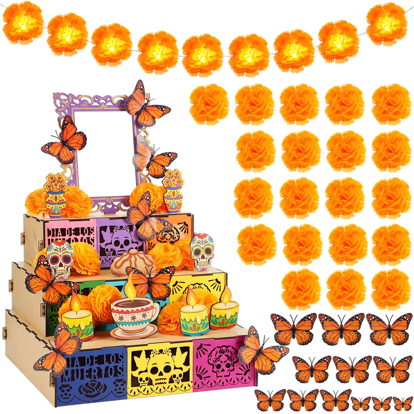 3-Tier Mexican Day of the Dead Wooden Altar Display Set, Traditional Día de los Muertos Uncolored Altar Ofrenda Shadow Box, Indoor Recreation Decoration With Skull, Marigolds, Candle, Papel Picado Pieces Remembrance For Photo Setup Home School DIY Project