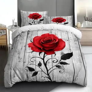 Three-piece bedding set - 2pcs/3pcs 2D Flat, red rose, black and white wood grain pattern duvet cover set (1 duvet cover + 1/2 pillowcases, no insert), multi-color printed bedding set, soft and comfortable, suitable for family bedrooms and guest rooms.