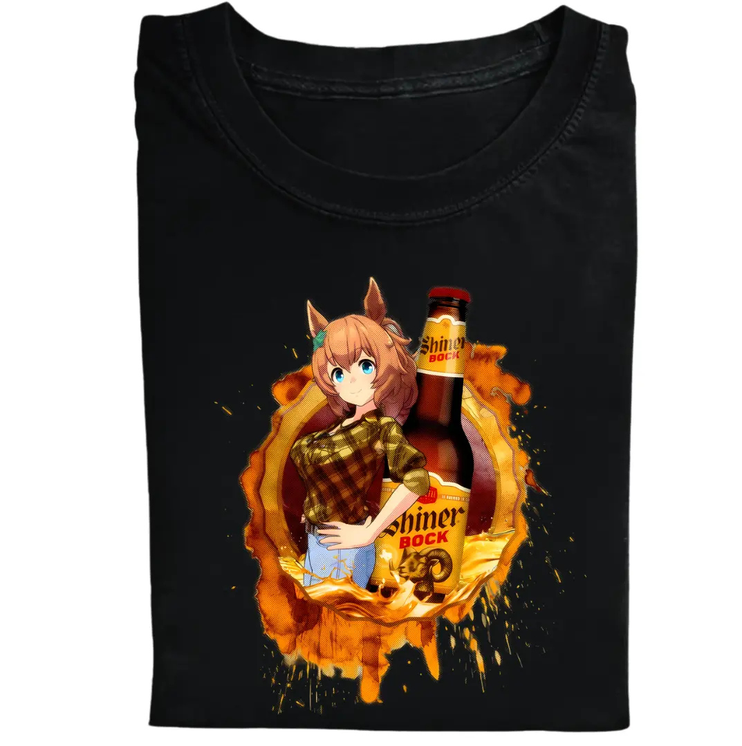 Uma Musume Shiner Bock Beer Shirt, Anime Girl in Plaid Shirt Design, Unisex Graphic Tee, Casual Anime Apparel, Vintage Style T-shirt, Gift for Beer Lovers
