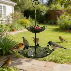 Outdoor Hanging Bird Feeder with Water Dish, Hanging Design, Umbrella Shaped Bird Bath Bowl, Iron Hummingbird Feeder, Water Dish Included, Garden Courtyard Backyard Decor, Bird Feeding Station