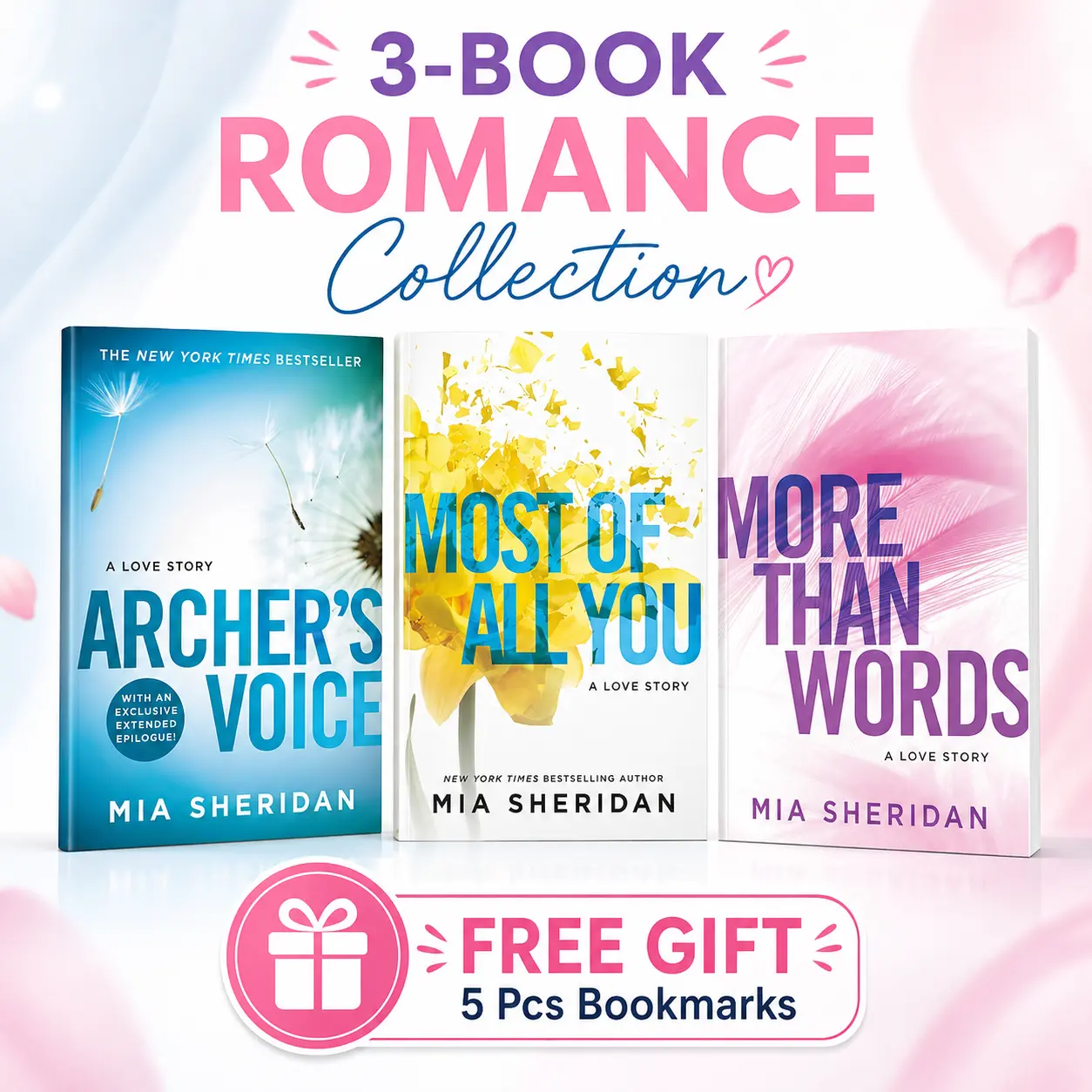 Mia Sheridan 3-Book Set, Includes Archer's Voice, Most of All You, More Than Words, Contemporary Romance Collection, Love Story Novels, Book Set with Free Gift