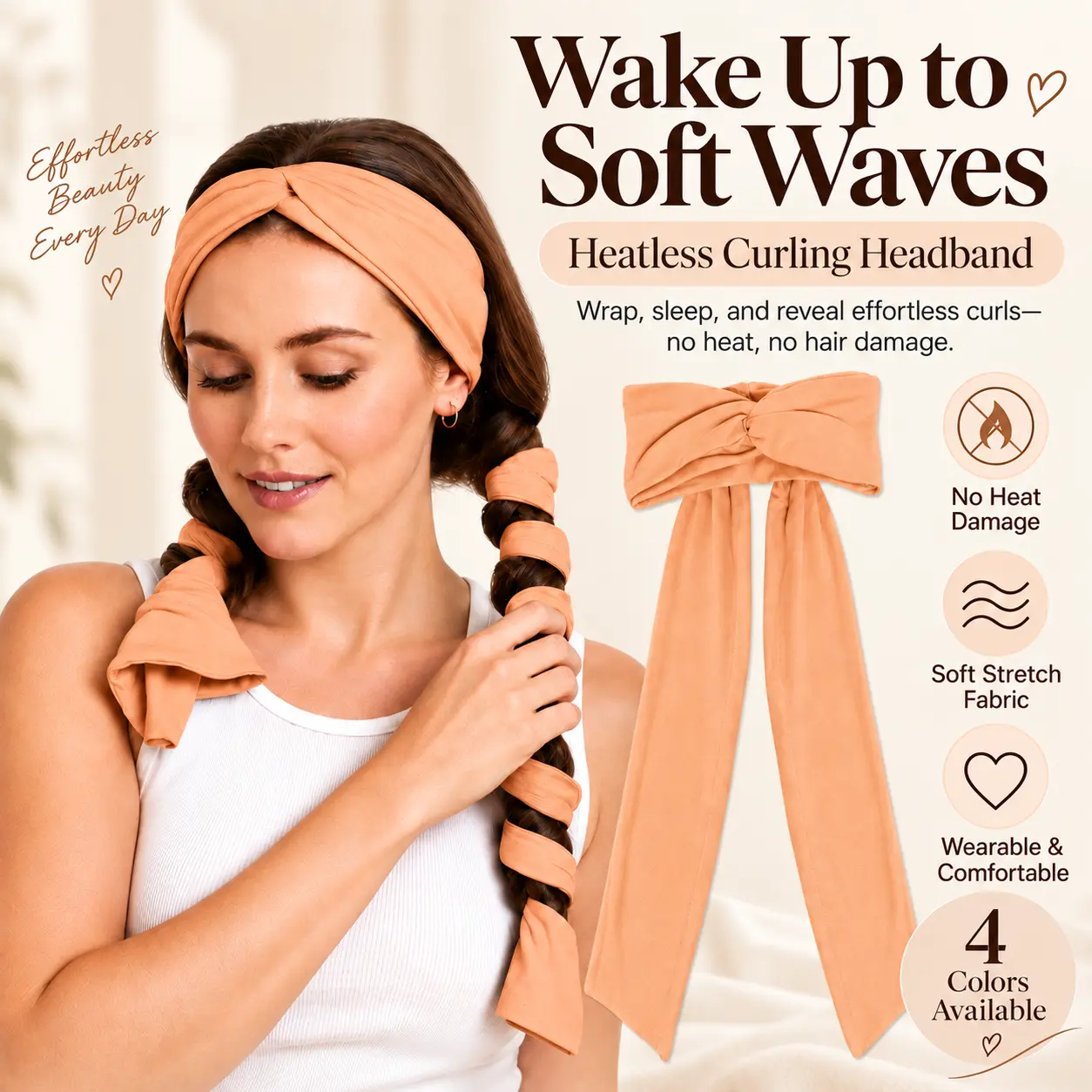 Heatless Curling Headband for Women,Overnight No Heat Hair Curler,Soft Elastic Twisted Headband,Wake Up To Natural Bouncy Waves,Damage-Free Hair Styling Tool,Viral TikTok Lazy Hair Accessory,PortableTravel&Dorm Friendly Curling Ribbon for Medium&Long Hair
