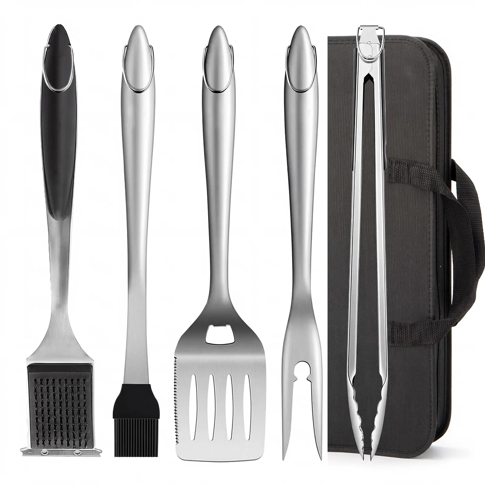 5-Piece Stainless Steel BBQ Grill Tools Set with Storage Bag, Heavy Duty Grilling Utensils Including Tongs, Fork, Spatula, Brush and Grater, Professional Outdoor Cooking Kit for Camping, Backyard