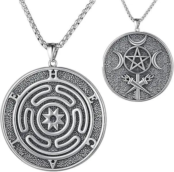 Hecate Necklace for Women Men, Double-Sided Hekate Wheel & Triple Moon Goddess Pendant, Stainless Steel Wiccan Witchcraft Spiritual Protection Jewelry Gift