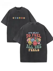 Its Okay To Feel All The Feels Smiley Face Graphic Tee Vintage Washed Mental Health Aesthetic T Shirt Retro Distressed Short Sleeve Casual Streetwear Positive Vibe Emotion Print Summer Relaxed Crew Neck Unisex Top