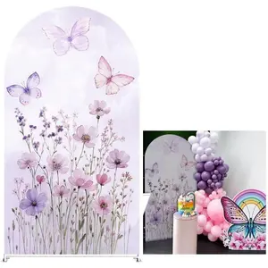 Arched Backdrop Cover Pink Purple Flowers Stretchy Arched Stand Cover for Girls Birthday Party Decorations (No Stand!)