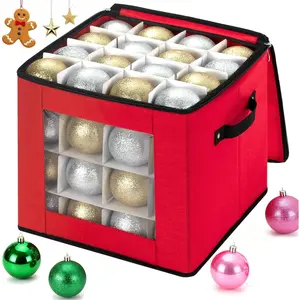 Visible Christmas Ornament Storage Box with Adjustable Dividers, Zippered Organizer Storage Container Bin for Christmas Decorations, 64 Ball, Red, without Tray
