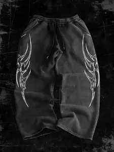 Men's High Street Wide Leg Straight Drawstring Pants, Trendy Dark Totem Print, Tribal Pattern, Casual Fashion Comfy Daily Wear, Street Style