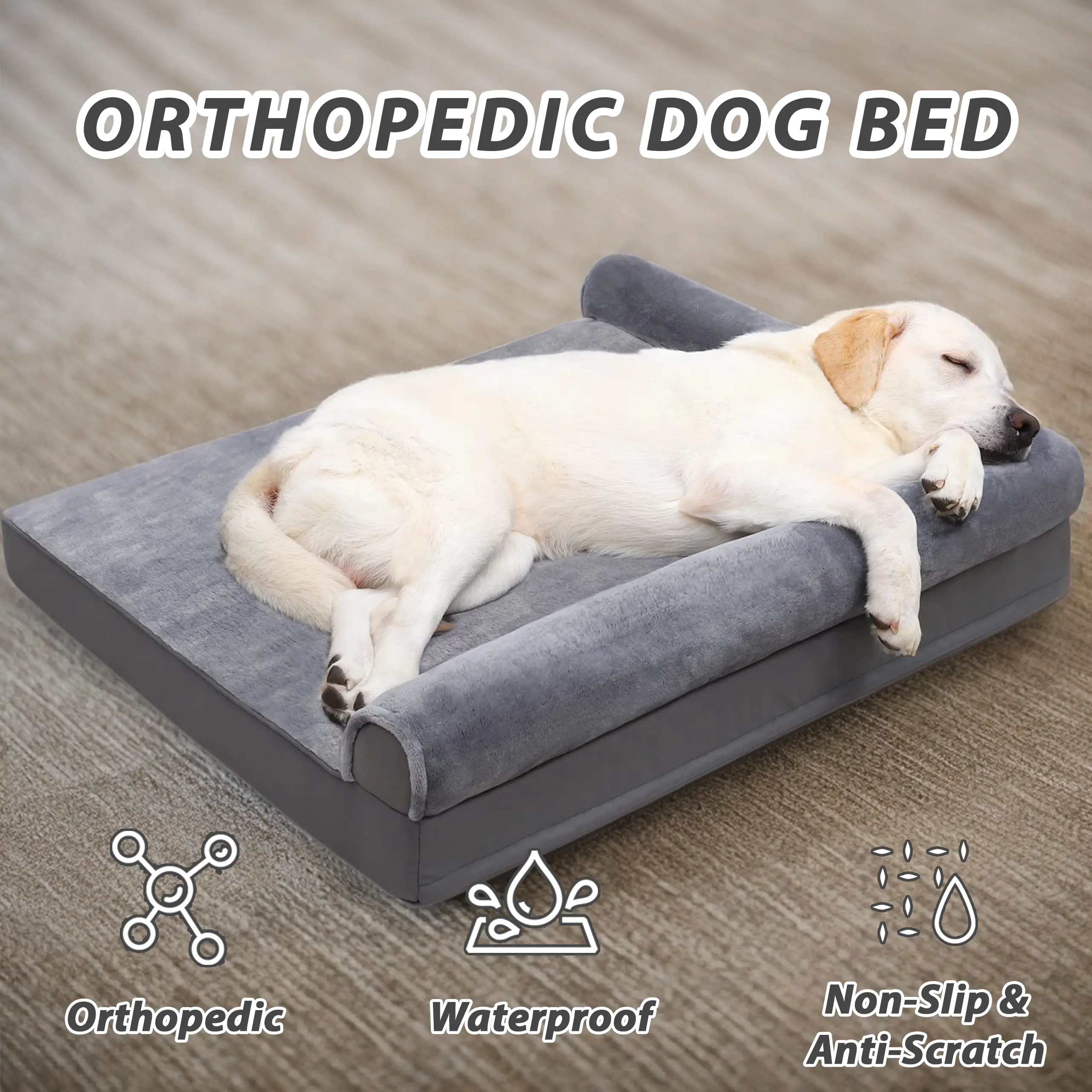 KSIIA Orthopedic Waterproof Dog Bed with Flannel Bolster, Egg Crate Foam, Removable Washable Cover, and Nonskid Bottom. antislip