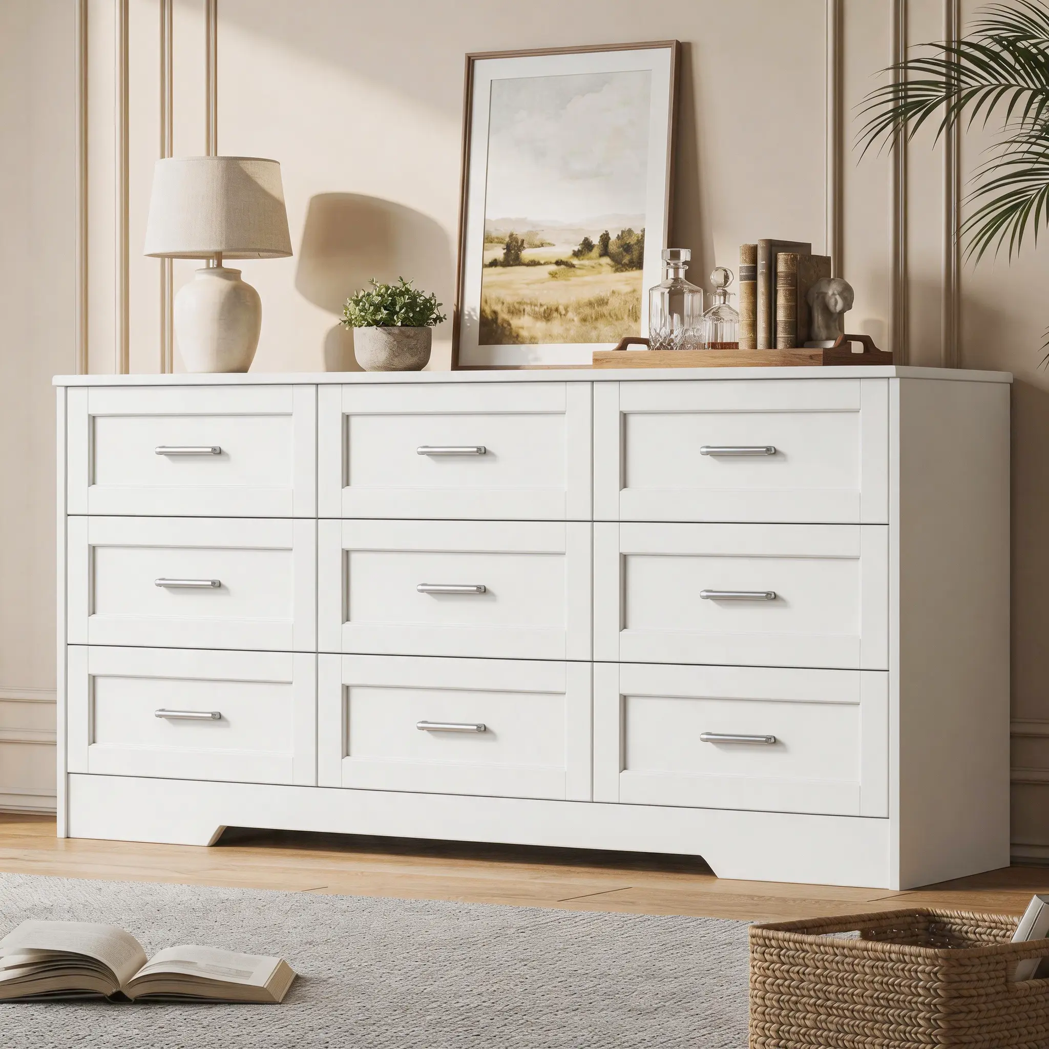 Large Drawer Dresser with 9 Drawers, Modern Chest of Drawers with Metal Handles, Dresser TV Stand，Dresser for Bedroom, Living Room, White