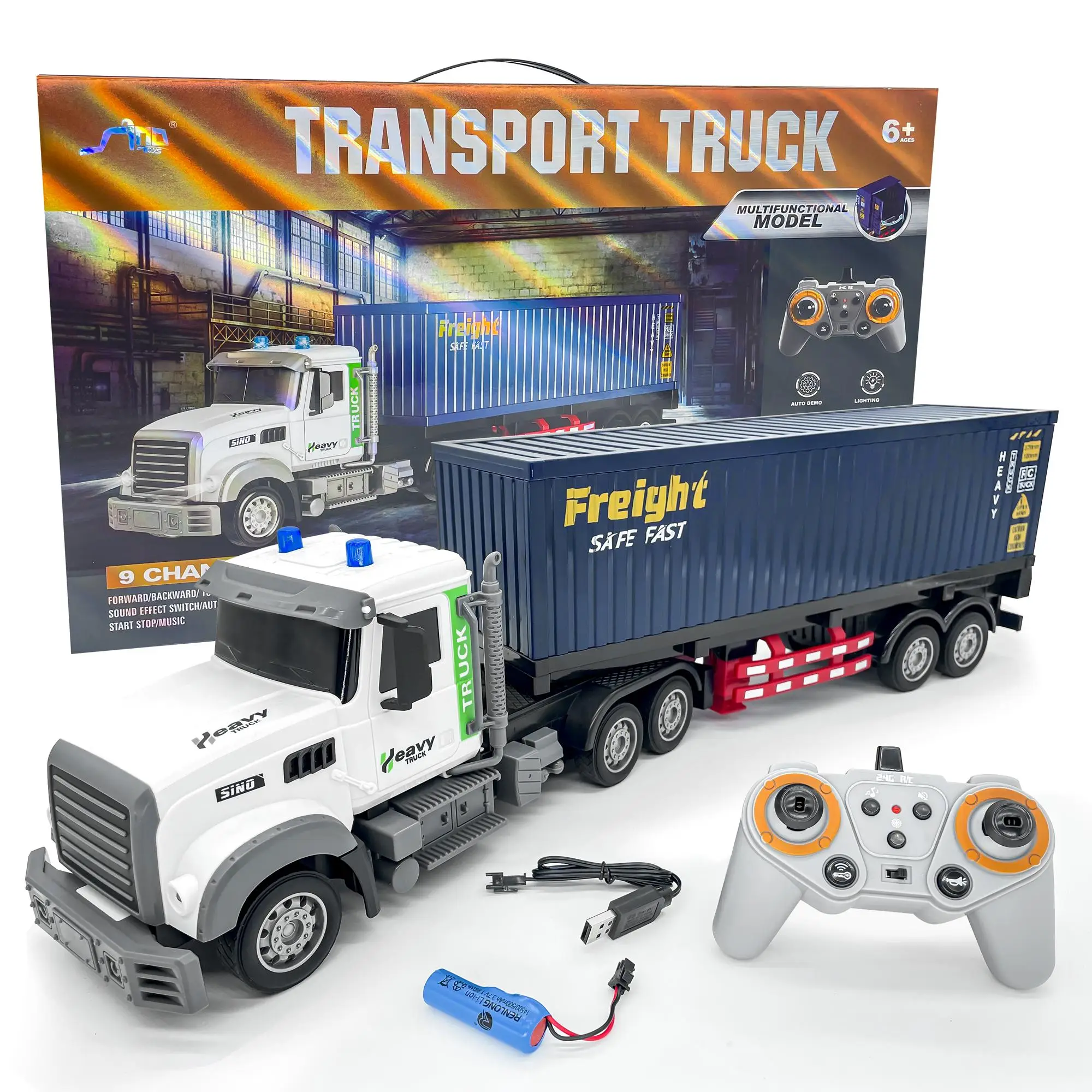 Remote Control Semi Truck with Traile 23.6 Inch 9 Channel RC Semi Truck Toy for Kids,1:24 Container Truck with 2 Batteries,Van Transport Vehicle with