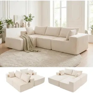 107" L-Shape Modular Sofa Set , Cloud Sectional Couch for Apartment, Large Deep Seat Upholstered Sofa with Removable Cushions, Beige Living Room Furniture Set