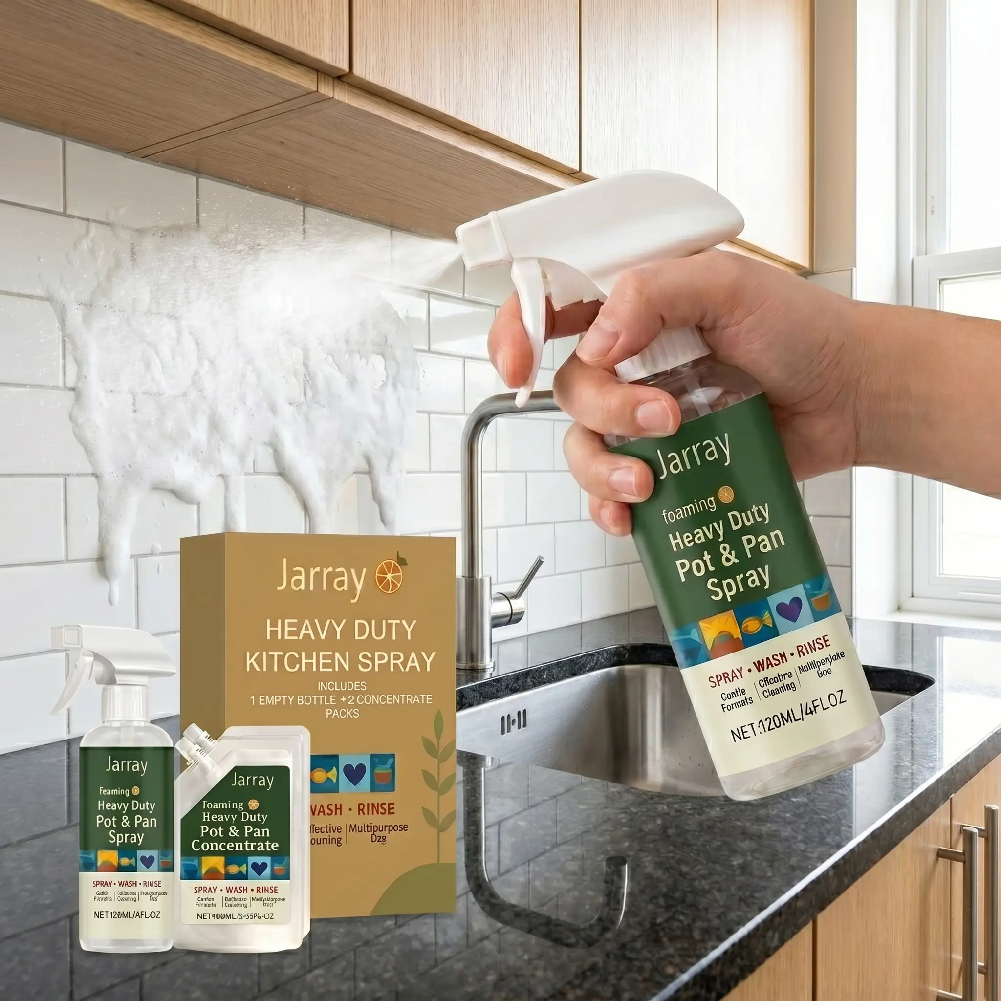 Heavy-Duty Kitchen Counter Cleaner Spray - Multi-Surface Deep Cleaning Foam Solution with Cloth for Household Use