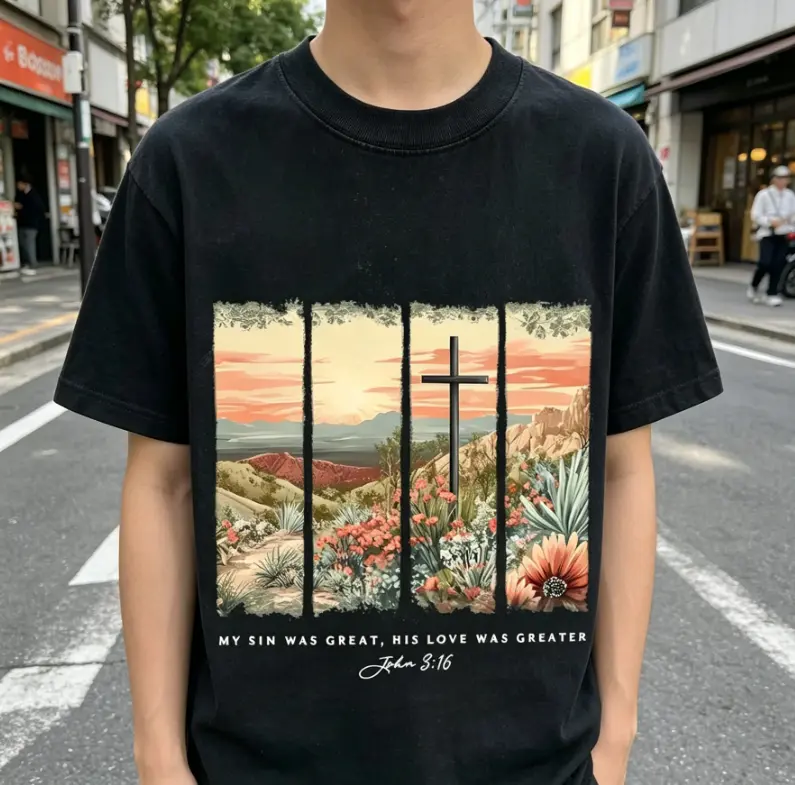 Men'S & Women'S 180G Heavyweight Washed Retro Y2K Christian Graphic T-Shirt - His Love Is Greater Desert Landscape Print with John 316 Bible Verse, Loose Fit Short Sleeve Round Neck Tee, All-Season Casual Breathable Vintage Faith-Based Apparel