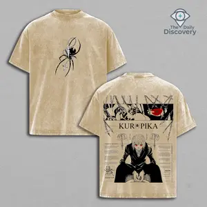 Limited Retro Kurapika Vintage Washed T-Shirt – Hunter X Hunter Double Printed Anime Tee – Heavyweight Cotton Oversized Graphic Shirt, Dark Gothic Heart & Chain Design, Edgy Streetwear Manga Aesthetic Unisex Top Funny Streetwear Graphic Tee