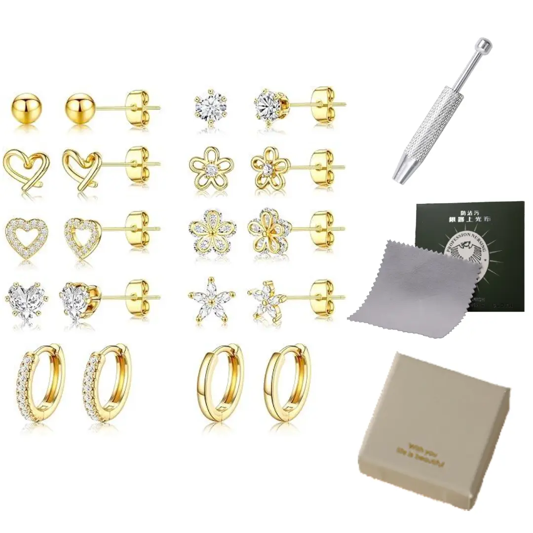 10 Pairs Small Gold Stud Earrings Set for Women - Hypoallergenic Earrings Dainty Flower Heart Stud Earrings for Jewelry Gift Grabber silver cloth jewelry box set