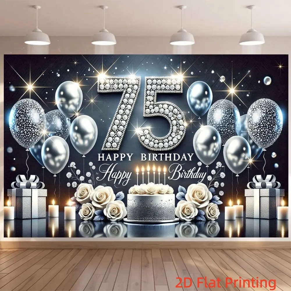 2D Flat 1PC Polyester 75th Birthday Backdrop Silver Black Diamond Decor for Indoor & Outdoor 75th Birthday Party High-End Gathering Photo Backdrop Available in Multiple Sizes