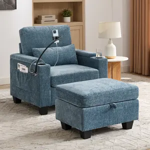 Chenille Recliner Small Sofa Chair with Storage Ottoman,Adjustable Backrest&Cup Holder, Convertible Sleeper Couch Bed for Living Room