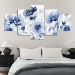 Blue Flower Pattern Canvas Unframed Painting, 5 Counts/set Modern Art Design Wall Decor, Wall Art Decor for Home Living Room Bedroom Office, Ornaments, Art Wall Decoration