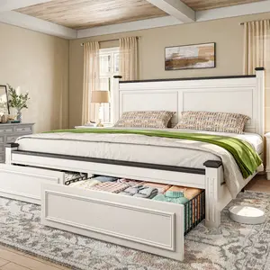 Wooden Bed Frames for Queen Size and King Size, with 2 Drawers & 51.25" H Tall Headboard, Modern Solid Wood Bed Frame Durable Silent No Box Spring Required Easy Assembly Luxury Bedroom Furniture