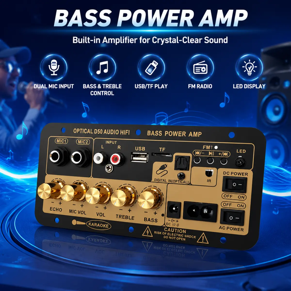 This bass power amplifier board features a dual-microphone karaoke amplifier module with echo, treble, and bass controls. It supports USB, TF card, AUX, and FM radio, and is suitable for home KTV subwoofer DIY speaker builds.