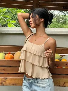 Women's Pure Color Multi-Layer Ruffle Halter Top, Square Neck Loose Sleeveless Backless Pleated Short Shirt, Summer Fashion