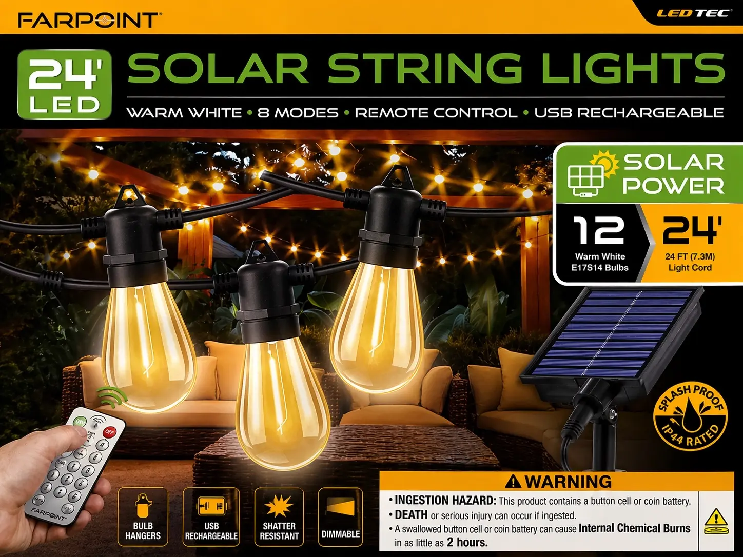 $99.99 MSRP Farpoint 24’ LED Solar String Lights