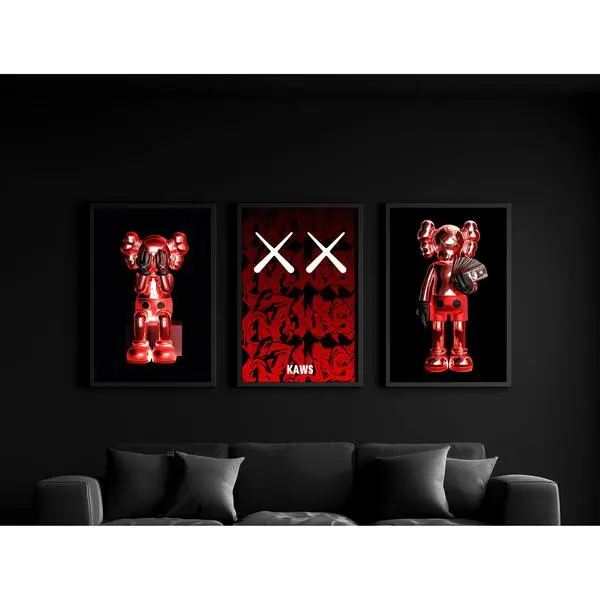 Set Of 3 Red Kaws Graffiti Wall Art Posters - Hypebeast Decor Prints For Trendy Home Decor