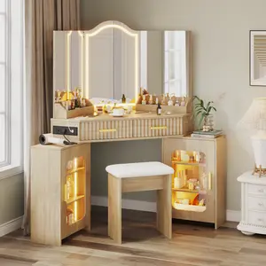Modern Oak LED Vanity Desk Set with Power Outlet and Charging Station, Natural Wood Dressing Table with Stool, 2 Fluted Drawers and Storage Cabinet, for Women, Girls