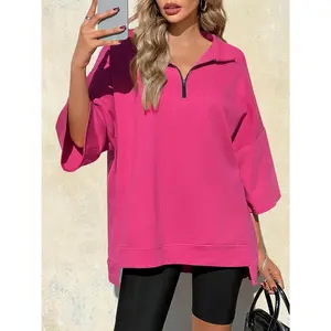 Imily Bela Womens Oversized Sweatshirt Casual Zip Up V Neck 3/4 Sleeve High Low Pullover Tunic Tops