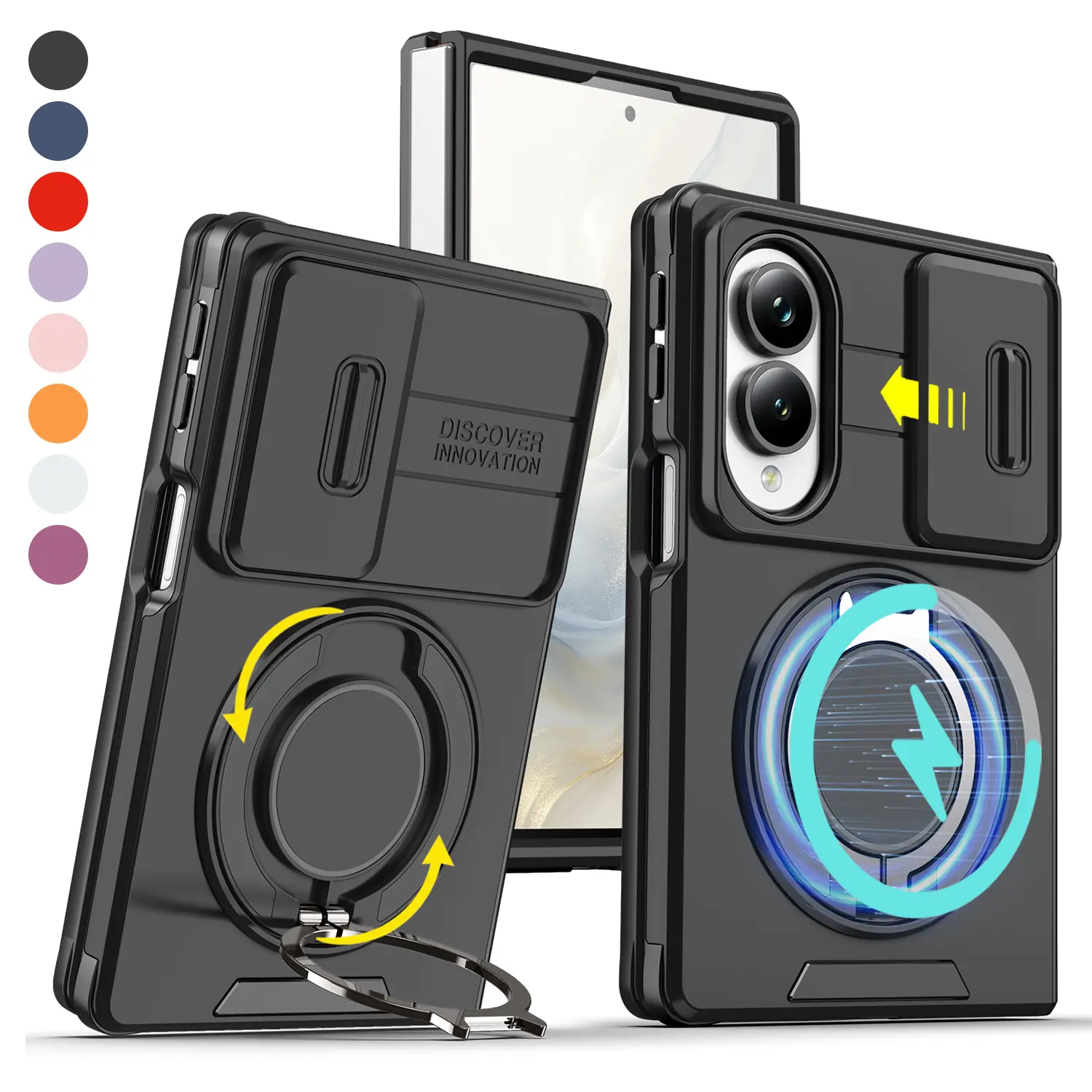 Case for Samsung Galaxy Z Flip 6 7 8, Z Fold 6 7 8, Z Fold 7 8 Ultra, Slide Camera Lens Cover, Magnetic 360° Rotating Ring Stand, Kickstand, Shockproof Full Bumper Phone Case