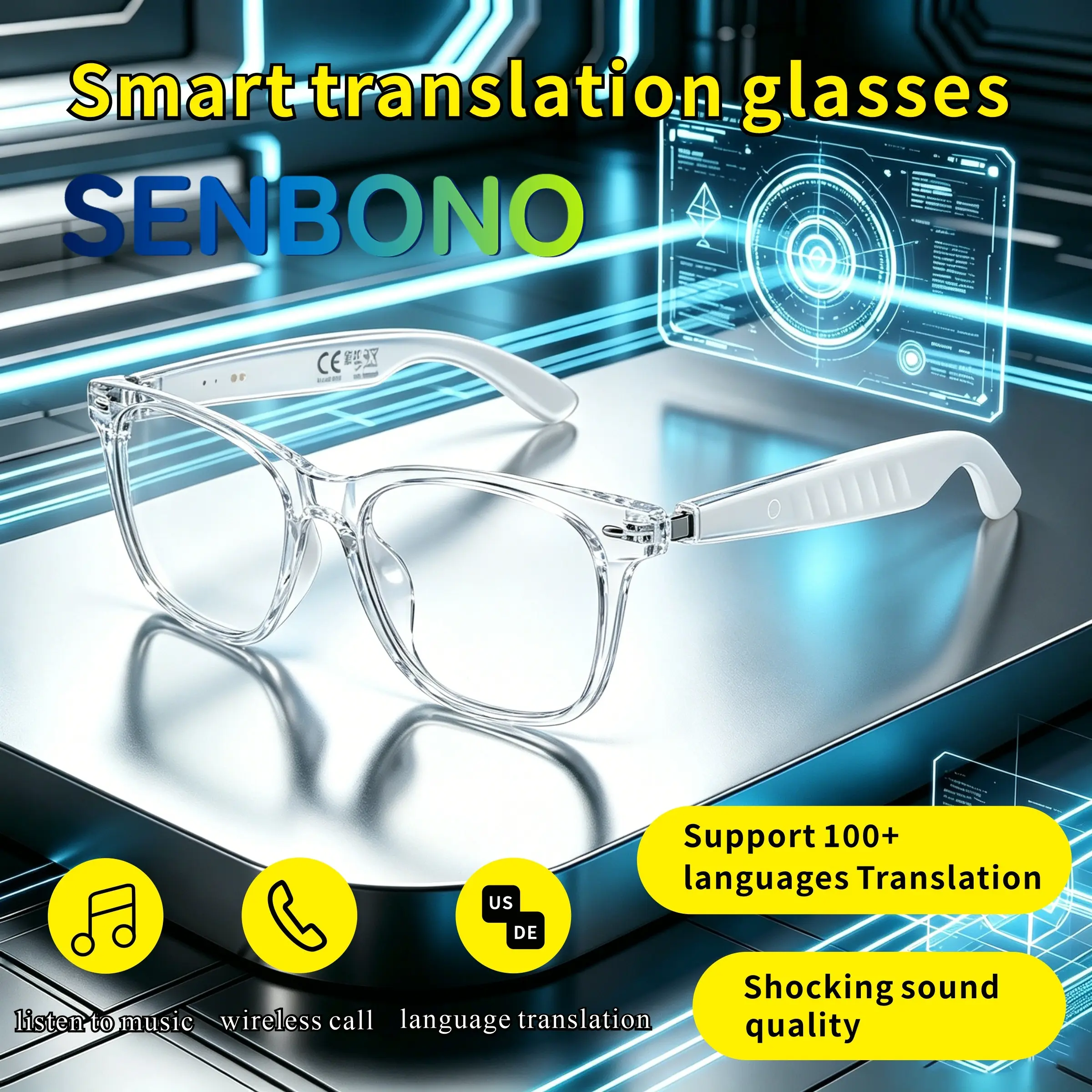 New intelligent language translation glasses, lifetime free translation, stereo dual speakers, music, wireless calling, camera control, voice conversation, artificial intelligence recording, and touch control. Audio glasses, versatile glasses, ideal gift.