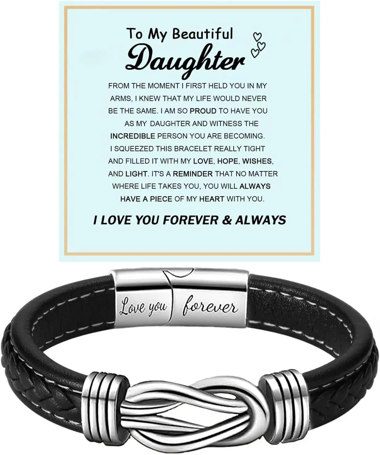 To My Daughter Love You Forever Bracelet, Mother and Daughter Braided Leather Inspirational Wristband Stainless Steel Infinity Knot Engraved Bangle  from Mom