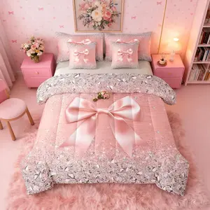 Cute Ribbon Bowknot Comforter Set 7 Piece Bed in a Bag,Grey Glitter Diamond Bedding Sets,Princess Bow Comforter and Sheet Set,Kawaii Geometric Bow-Tie Watercolor Bow Knot Bed Light Pink Room