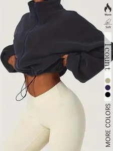 Women's Solid Soft Adjustable Drawstring Zip Up Crop Hooded Jacket, Casual Long Sleeve Mock Neck Fuzzy Outerwear, Spring & Fall Ladies Clothes