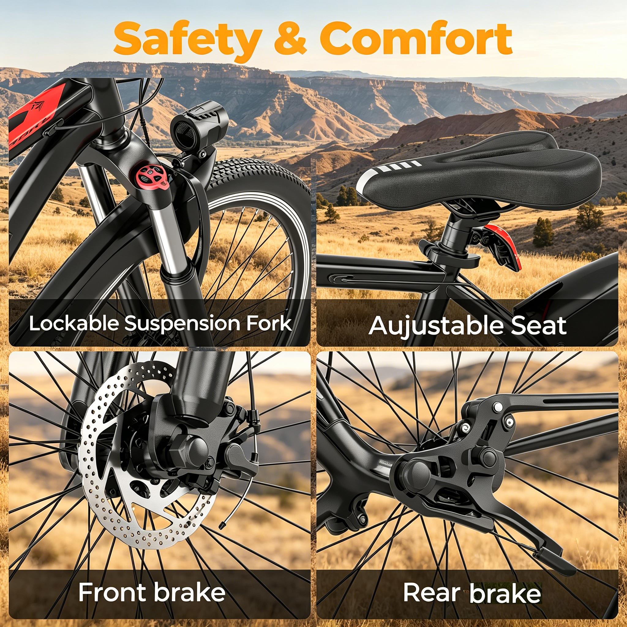 B High Performance Mountain E-Bike 350W Motor 26” Inflatable Tires 48V Battery 22MPH 20‑70 Miles PAS Dual Front & Rear Disc Brakes