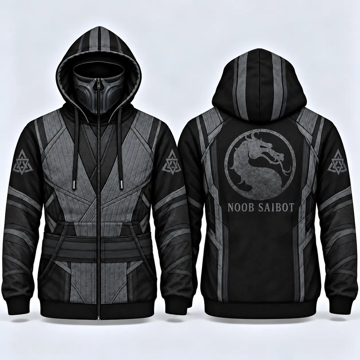 M0t@l K0mbat Noob Saibot Inspired Men’s Zip-Up Hoodie with Face Cover, Black & Gray All-Over Print Hooded Sweatshirt