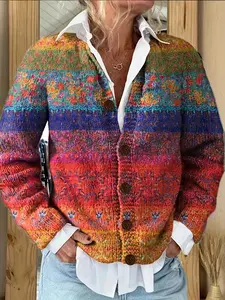 Women's Floral Printed Breathable Elegant Vintage Pattern Sweater Cardigan, Easy Care, Soft Fashion for Fall Winter