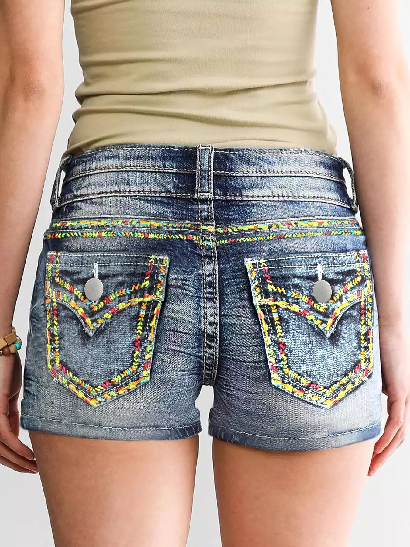 Women's Casual Embroidered Denim Shorts, Vintage Washed Hot Pants with Stretch for Summer Parties and Nights Out, Casual Denim Shorts, Embroidered Jeans Shorts
