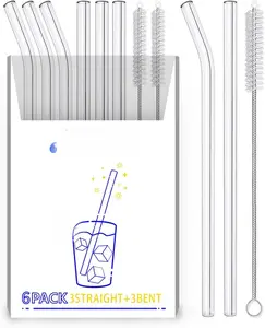 6-Pack Reusable Glass Straws - Transparent, 8''x10 MM, Includes 3 Straight & 3 Bent Straws with 2 Cleaning Brushes - Perfect for Smoothies, Tea, Juice - Clear Borosilicate Glass