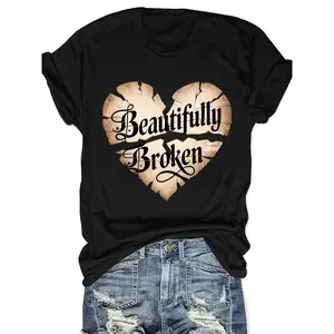 Exquisite Broken Hearts Print Stylish Casual Short Sleeve, Summer Fit Fit, Round Neck Women's Cheap Affordable T-shirt