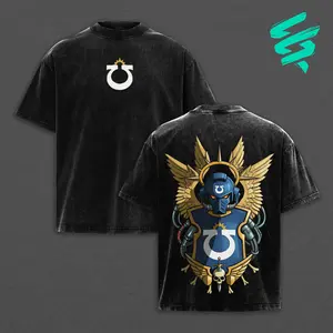 Ultramarines Warhammer 40k T-Shirt Hoodie Vintage Graphic Tee Retro Streetwear Oversized Acid Wash Heavyweight Cotton Space Marine Armor Shield Gaming Fan Gift Idea Tabletop Wargaming Merch Unisex